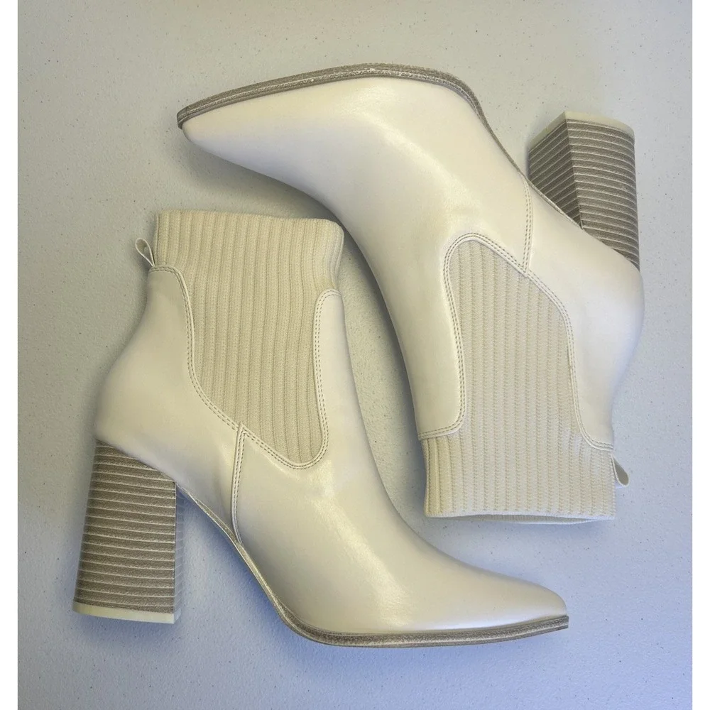 Coutgo Womens Sock Ankle Boots Size 9.5 White Pointed Toe Chunky Block Heel‎ NIB